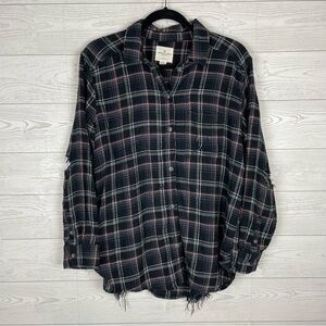 American Eagle Plaid Flannel Button Down Shirt Oversized Fit Distressing